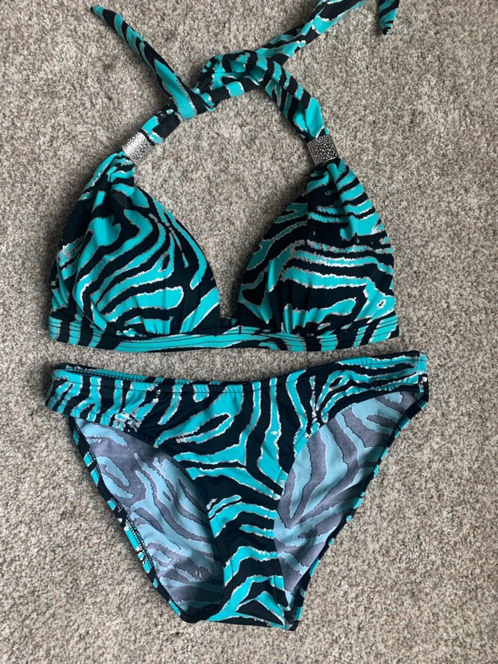 Venus Women's 2-Piece Bikini, Blue Black Zebra Print, size 4/S NWOT